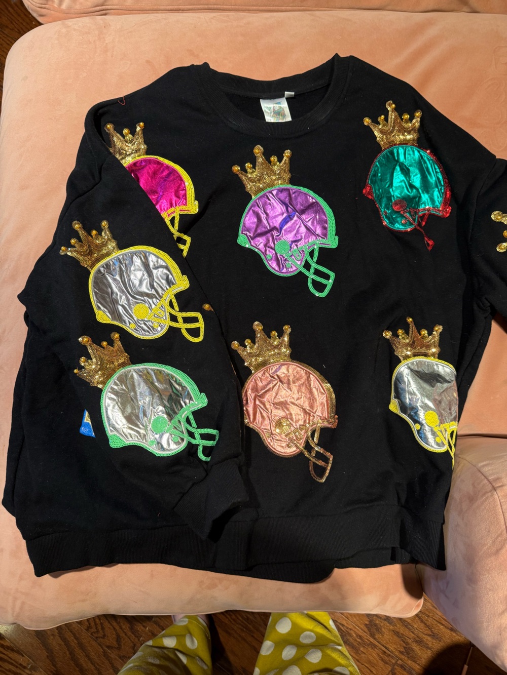QUEEN OF SPARKLES Black Sweater with Metallic Multicolor Helmet Patches